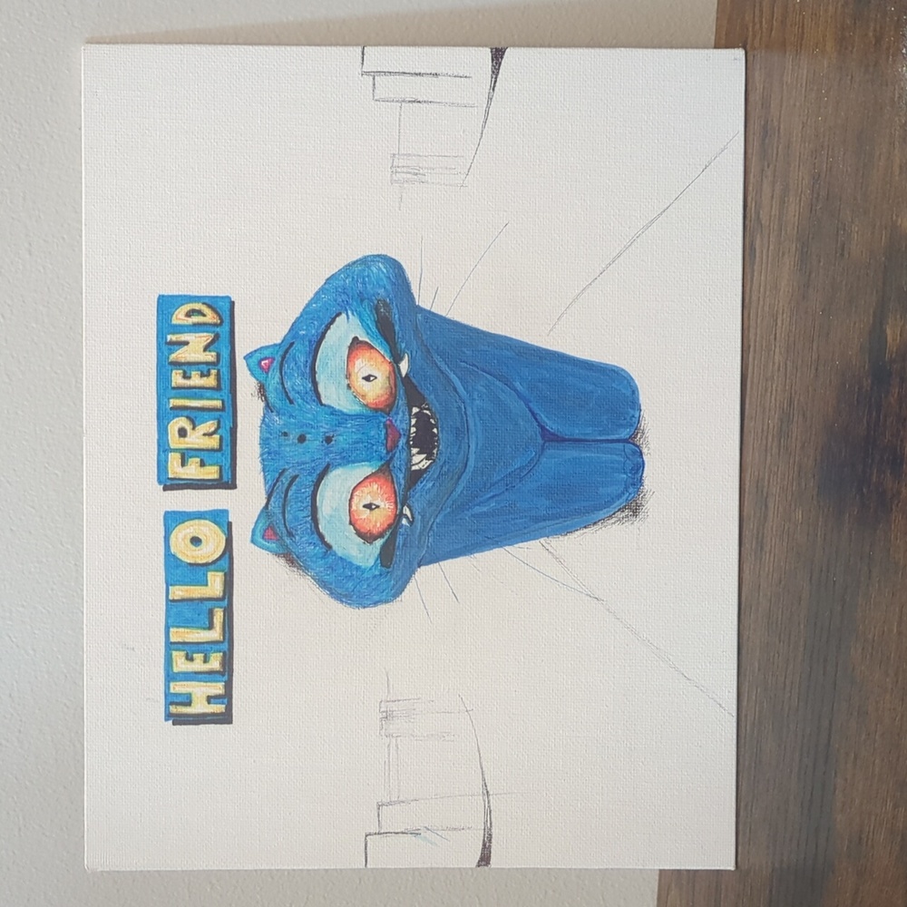 Kpop Demon Hunters Inspired 8"X10" Blue Cat Art Canvas: "Hello Friend!"